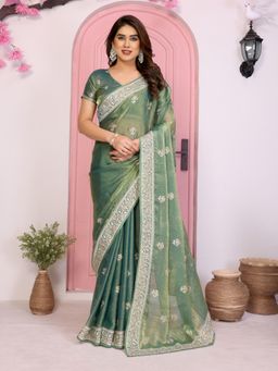 Gahan - Teal Fendy Chiffon Embroidery Work Saree with Unstitched Blouse