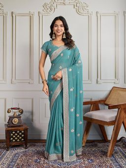 Gahan - Teal Star Georgette Embroidery Work Saree with Unstitched Blouse