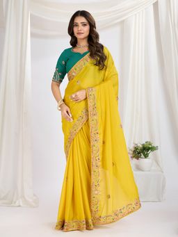 Gahan - Yellow Chinon Silk Saree with Contrance Unstitched Blouse