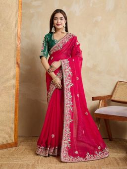 Gahan - Pink Fendy Chiffon Silk Saree with Contrance Unstitched Blouse