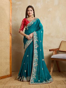 Gahan - Teal Fendy Chiffon Silk Saree with Contrance Unstitched Blouse
