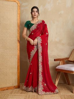 Gahan - Red Fendy Chiffon Silk Saree with Contrance Unstitched Blouse