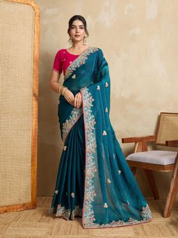 Gahan - Teal Fendy Chiffon Silk Saree with Contrance Unstitched Blouse