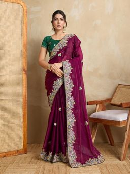 Gahan - Wine Fendy Chiffon Silk Saree With Contrance Unstitched Blouse
