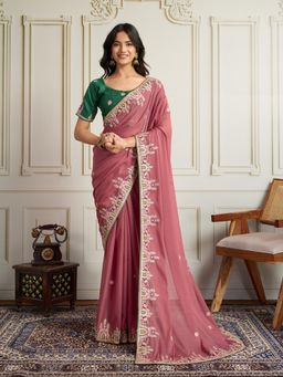 Gahan - Peach Star Georgette Embroidery Work Saree with Unstitched Blouse
