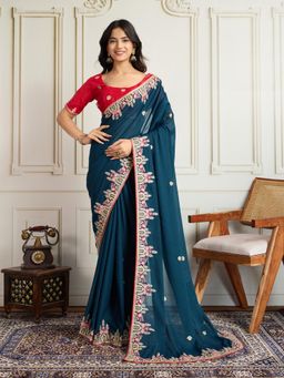 Gahan - Teal Star Georgette Embroidery Work Saree with Unstitched Blouse