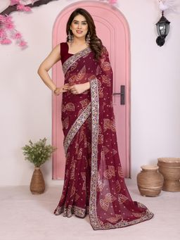 Gahan - Wine Georgette Bandhej Prints Saree with Unstitched Blouse