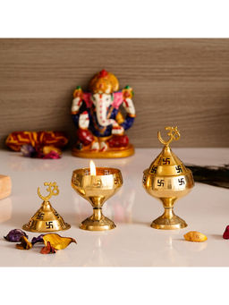 eCraftIndia - Set Of 2 Om And Swastik Brass Diya