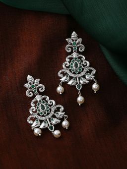Estele - Rhodium Plated Cz Swirling Symphony Earrings With Pearl And Green Crystals For Women