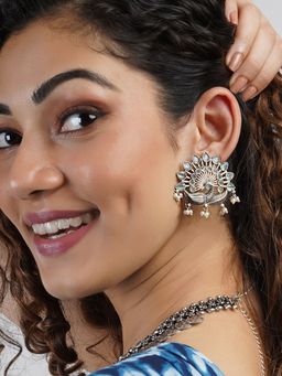 Teejh - Nirwanshi Light Green Peacock Silver Oxidised Earrings