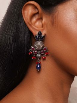 Teejh - Vidushi Blue And Red Stone Silver Oxidised Earrings