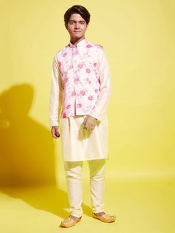 Vastramay - Boys Peach & Cream Kurta with Pyjama & Nehru Jacket (Set of 3)