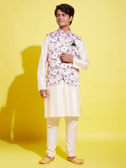 Vastramay - Boys Pink & Cream Kurta with Pyjama & Nehru Jacket (Set of 3)