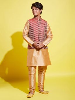 Vastramay - Boys Rose Gold Silk Blend Kurta with Pyjama & Nehru Jacket (Set of 3)