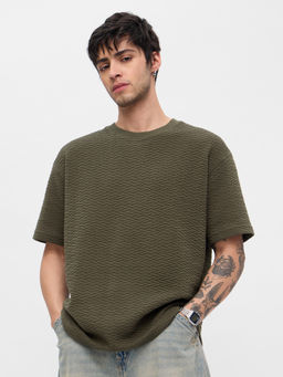 The Souled Store - Originals Textured Olive Mens Oversized T-Shirt
