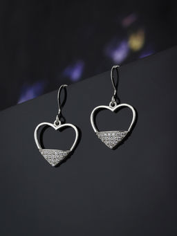 Carlton London - 925 Sterling Silver CZ-Studded Rhodium Plated Heart Shaped Drop Earrings