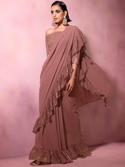 Indya - Dusty Pink Foil Print Ruffled Pre-stitched Saree