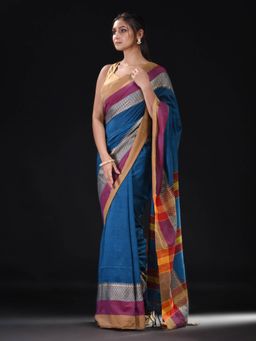 Beatitude - Blue Cotton Woven Saree with Multicolor Border with Unstitched Blouse