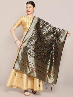 Dupatta Bazaar - Womens Black Banarasi Silk Dupatta with floral Jaal design