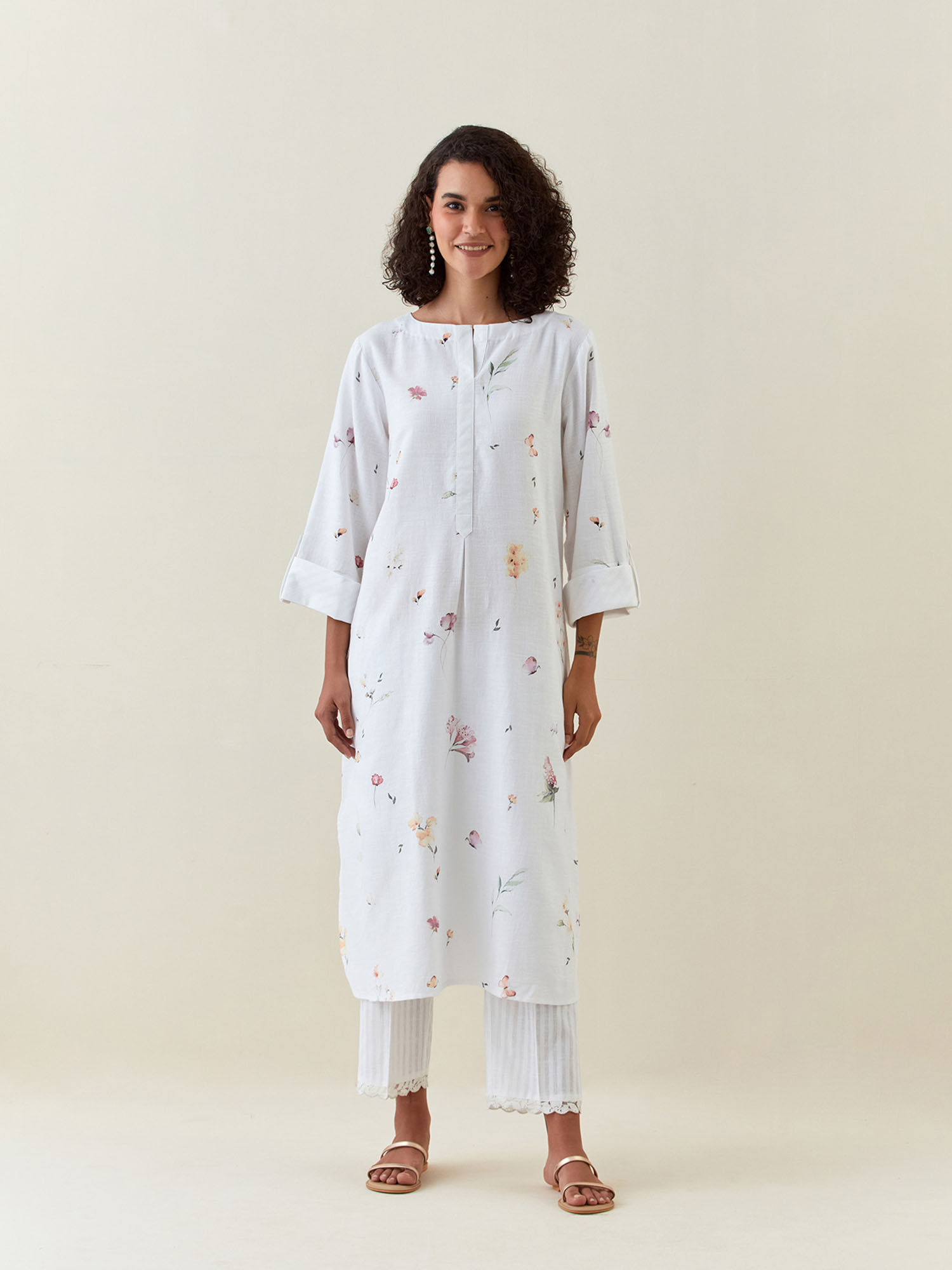 White Botanical Print Cotton Linen Tunic With Pocket-picture-35