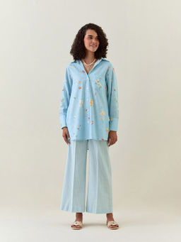 Anantaa by Roohi Trehan - Blue Botanical Print Cotton Linen Shirt