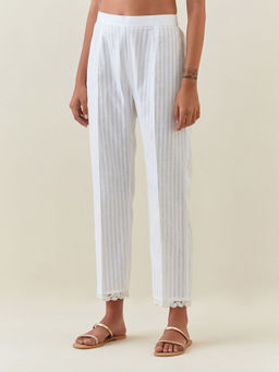 Anantaa by Roohi Trehan - White Striped Pant With Scalloped Lace Hem