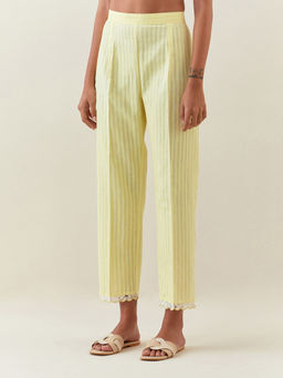 Anantaa by Roohi Trehan - Yellow Striped Pant With Scalloped Lace Hem