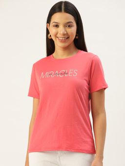 Femea - Round Neck Typography Pink Print T-Shirt