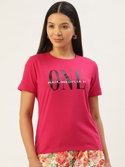 Femea - Round Neck Typography Magenta T-Shirt for Women