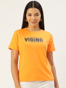 Femea - Round Neck Typography Yellow T-Shirt for Women