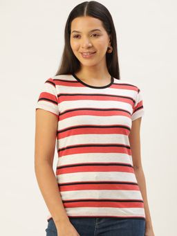 Femea - Women Round Neck Multi Color Horizontally Striped T-Shirt