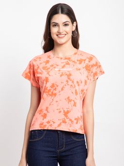 Femea - Women Peach-Coloured Tie and Dye Printed T-Shirt