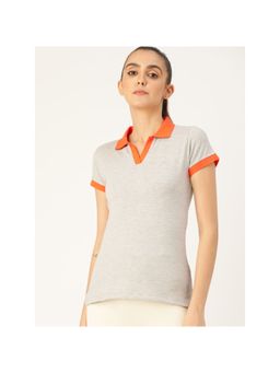 Femea - Women Grey Solid Polo Collar T-Shirt