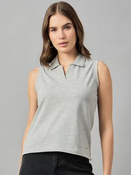 Femea - Women Grey Solid Polo Collar Sleeveless T Shirt