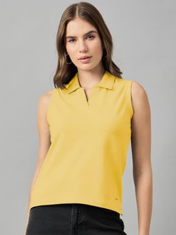 Femea - Women Yellow Solid Polo Collar Sleeveless T Shirt