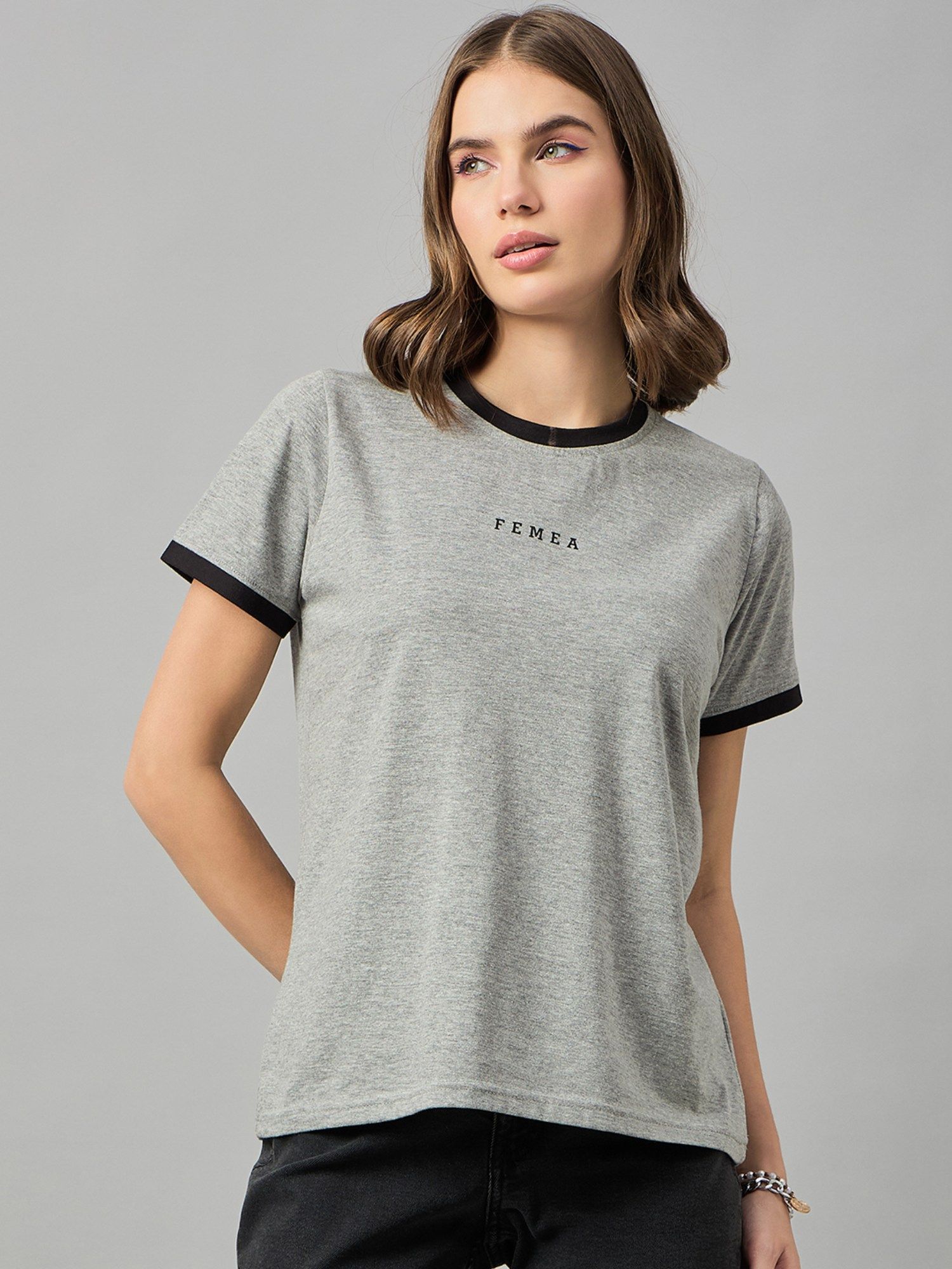 femea Typography Printed Round Neck Grey T-Shirt-picture-28