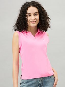 Femea - Women Solid Polo Collar Sleeveless Pink T-Shirt