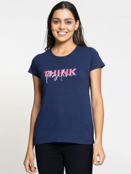 Femea - Women Typography Printed Cotton Blue T-Shirt