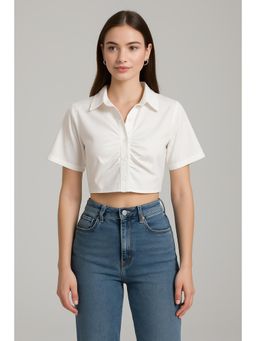 Cider - Solid Basic Button Up Crop Blouse