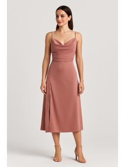 Cider - Pink Solid Cowl Neck Slit Midi Dress
