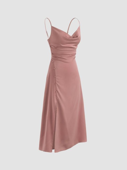 knee length dresses for ladies Classic Silky Satin High Slit Midi Dress