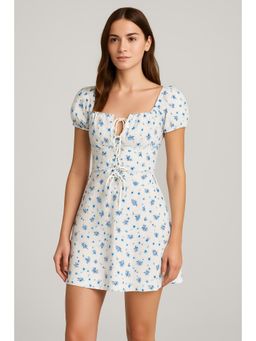 Cider - Lace Up Floral Short Sleeve Short Dress