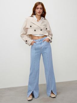 Cider - Santorini Beach Vacation Denim Mid Waist Split Button Wide Leg Jeans