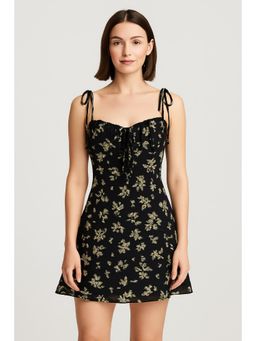 Cider - Mesh Scoop Neckline Floral Knotted Mini Dress