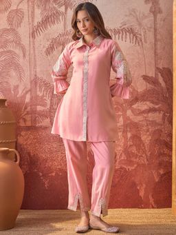 Four Steps - Pink Shirt Style Embroidered Co-Ord Set