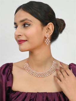 Ratnavali Jewels - Rose Gold Plated American Diamond White Cubic Zirconia Necklace Set with Earring