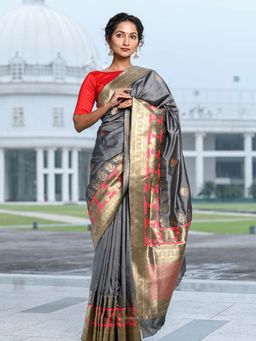 Beatitude - Grey Silk Jacquard Work Saree with Unstitched Blouse