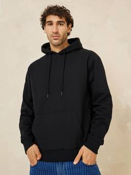 Styli - Men Solid Relaxed Fit Hoodies And Sweatshirts Black Cotton