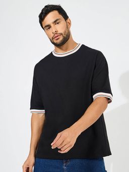 Styli - Men Black Solid Cotton Terry Ringer Tee with Contrast Rib Neck Detail