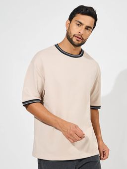 Styli - Men Cream Solid Cotton Terry Ringer Tee with Contrast Rib Neck Detail